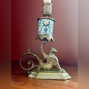 Antique French Longwy, Bronze Gargoyle Griffin Candlestick, Victorian, Gothic